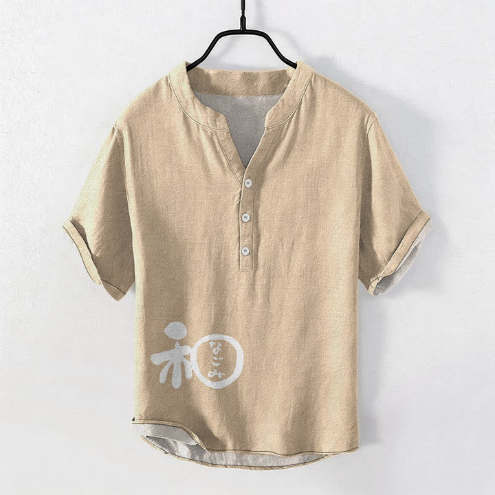 Buddha Stones Camisa de manga corta con medio botón para hombre, de algodón con estampado de escudo y escudo. - Beige - US/UK/AU50, EU60 (5XL) - image 5