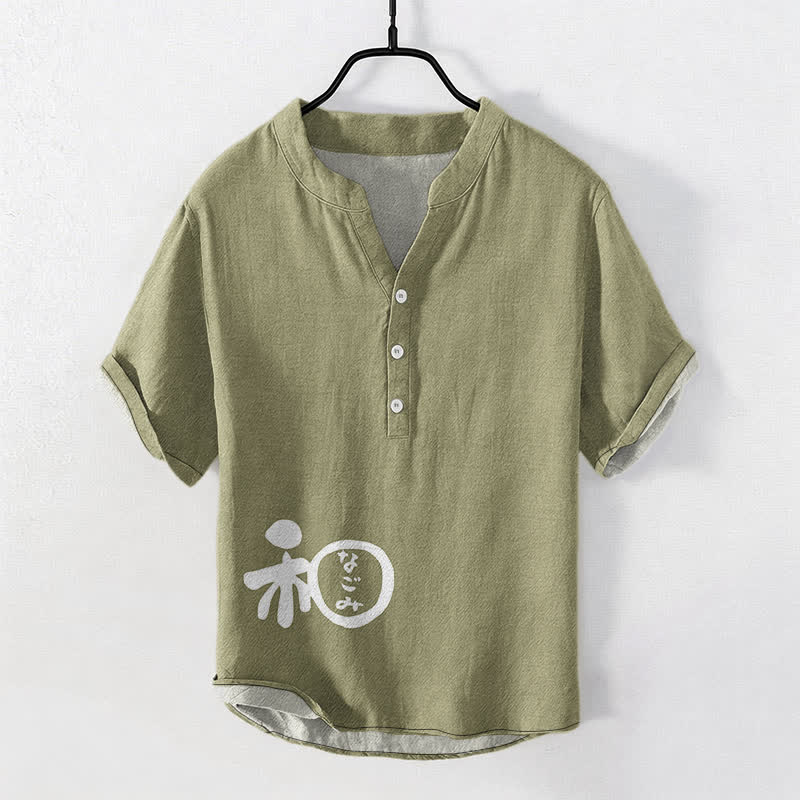 Buddha Stones Camisa de manga corta con medio botón para hombre, de algodón con estampado de escudo y escudo. - Aceituna - US/UK/AU50, EU60 (5XL) - image 7