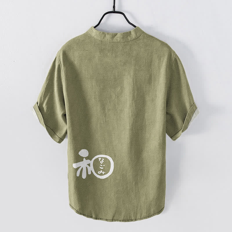 Buddha Stones Camisa de manga corta con medio botón para hombre, de algodón con estampado de escudo y escudo. - image 8
