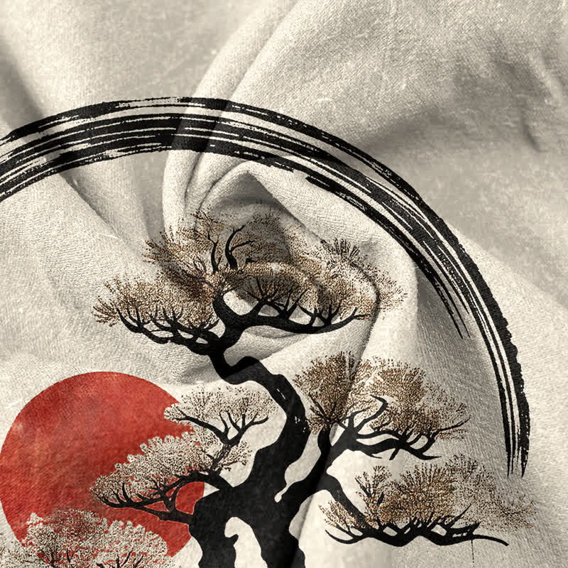 Buddha Stones Camisa de manga corta con medio botón para hombre, de algodón, con estampado de sol bonsái y tinta Zen. - image 4