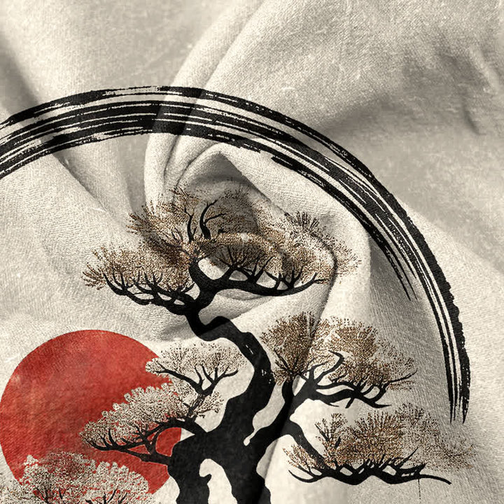 Buddha Stones Camisa de manga corta con medio botón para hombre, de algodón, con estampado de sol bonsái y tinta Zen. - image 4