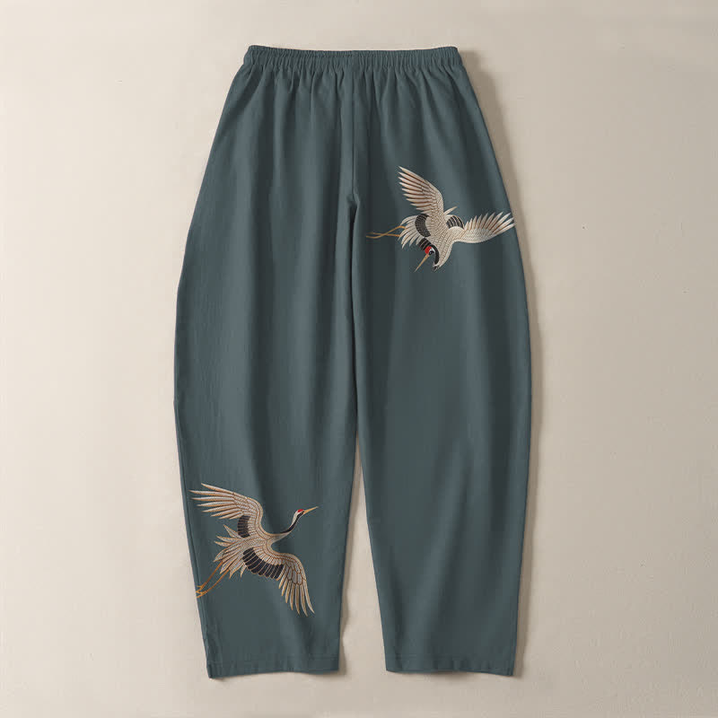 Buddha Stones Pantalones de hombre de algodón puro con estampado de grullas gemelas, cordón ajustable y corte cónico, con bolsillos. - image 10
