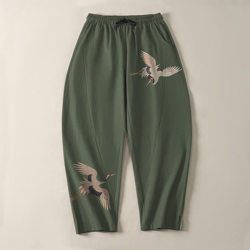 Buddha Stones Pantalones de hombre de algodón puro con estampado de grullas gemelas, cordón ajustable y corte cónico, con bolsillos. - image 13