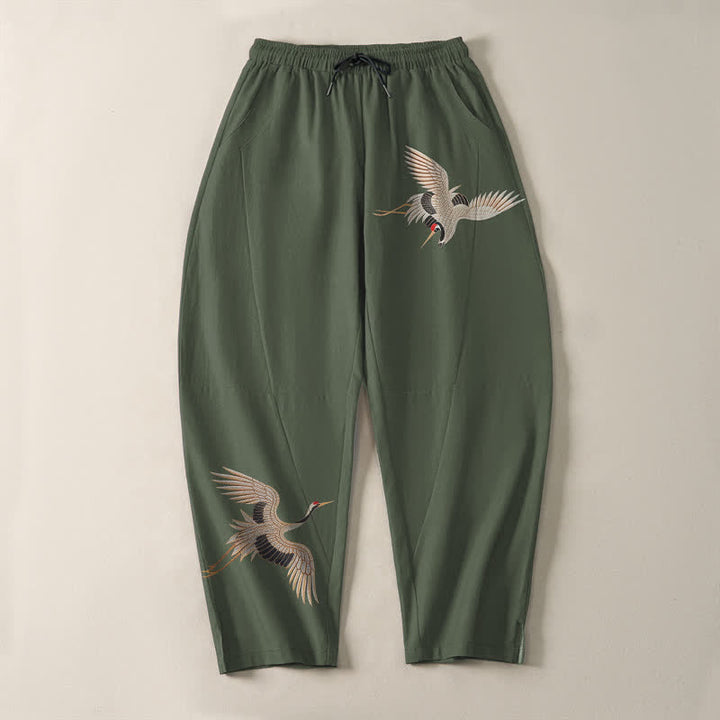 Buddha Stones Pantalones de hombre de algodón puro con estampado de grullas gemelas, cordón ajustable y corte cónico, con bolsillos. - image 13