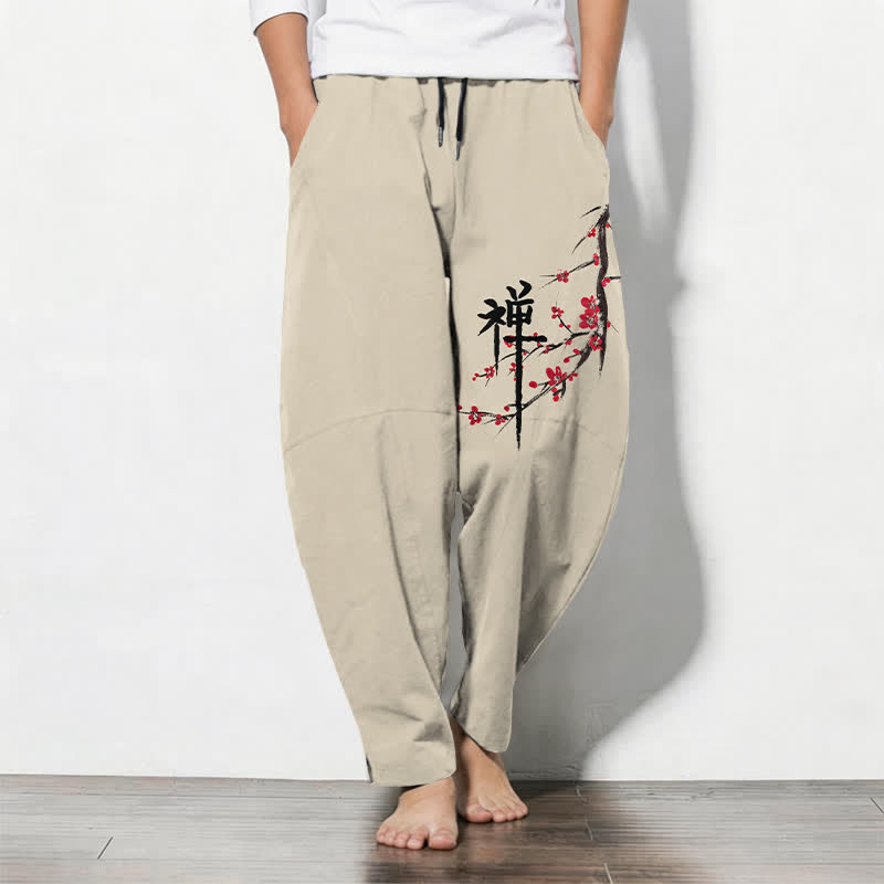 Buddha Stones Pantalones de hombre de algodón puro con estampado de flores de ciruelo Zen, cordón ajustable y corte cónico, con bolsillos. - Beige - US/UK/AU50, EU60 (5XL) - image 0