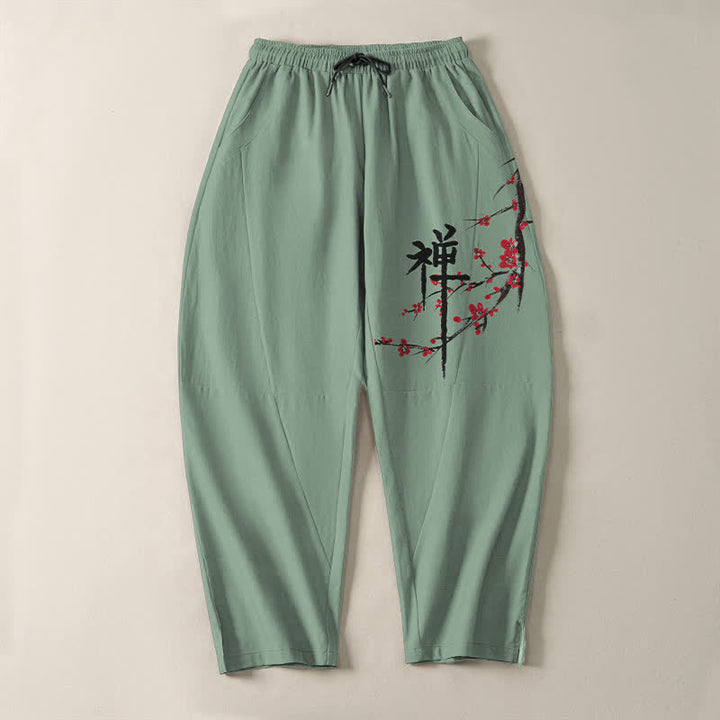 Buddha Stones Pantalones de hombre de algodón puro con estampado de flores de ciruelo Zen, cordón ajustable y corte cónico, con bolsillos. - image 9