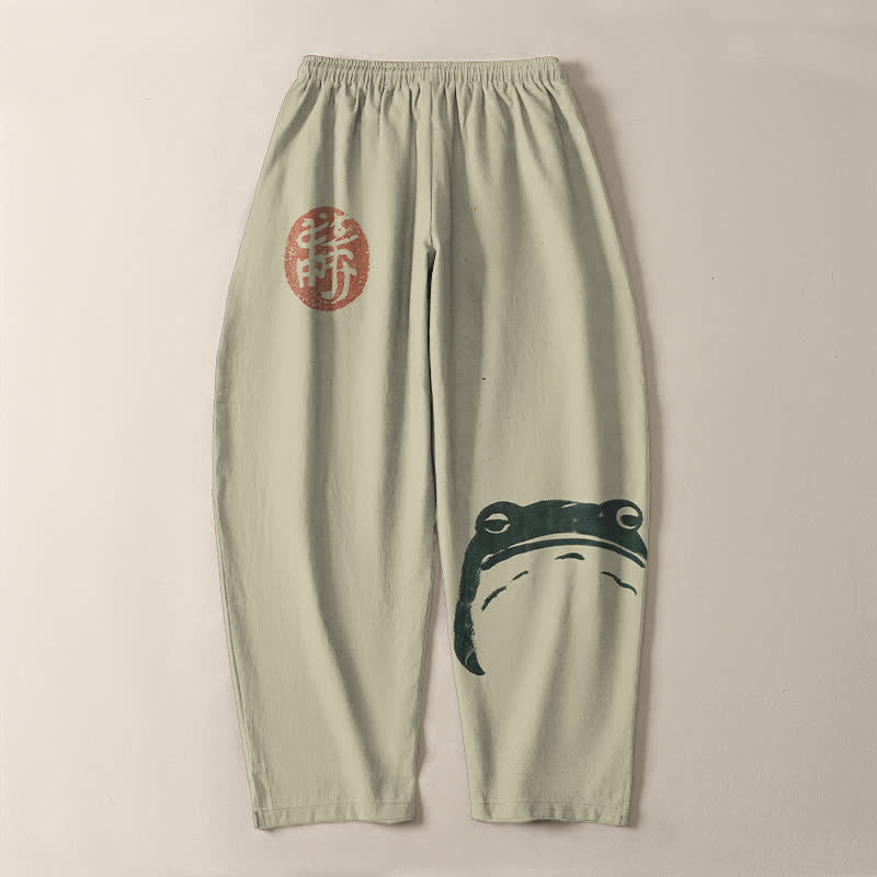 Buddha Stones Pantalones de hombre de algodón puro con estampado de foca y rana, con cordón ajustable y corte ajustado, bolsillos. - image 3