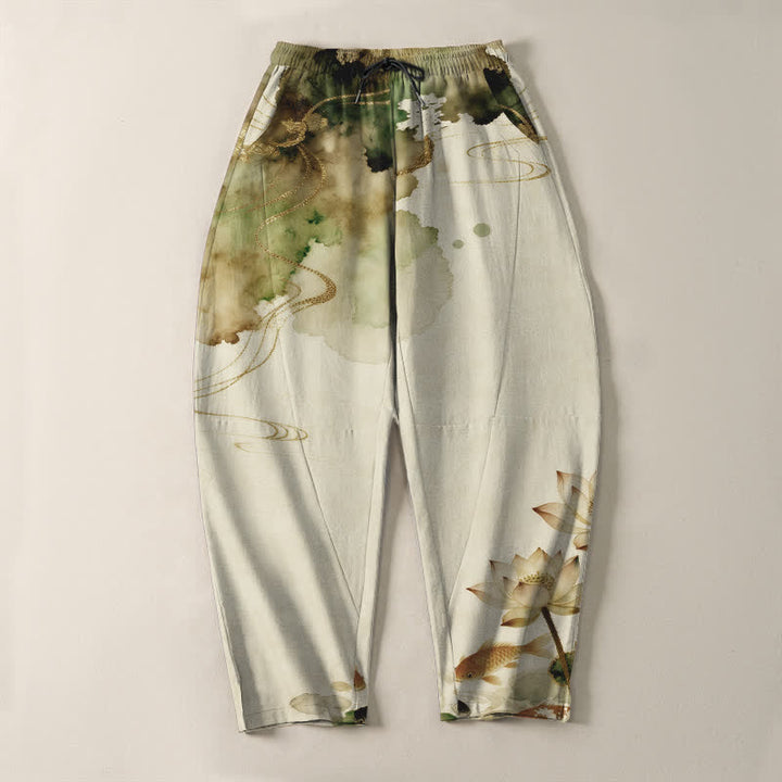 Buddha Stones Pantalones de hombre de algodón puro con estampado Lotus Koi Ink Wash, cordón ajustable y corte cónico, con bolsillos. - image 9