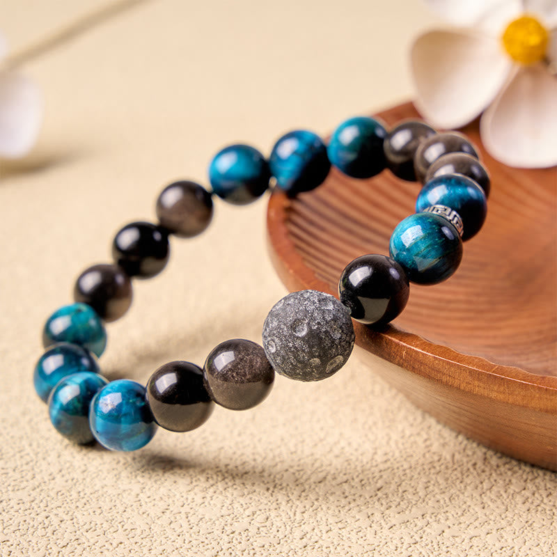 Buddha Stones Pulsera de pareja con brillo plateado y efecto positivo de obsidiana ojo de tigre azul - 10 mm - image 0