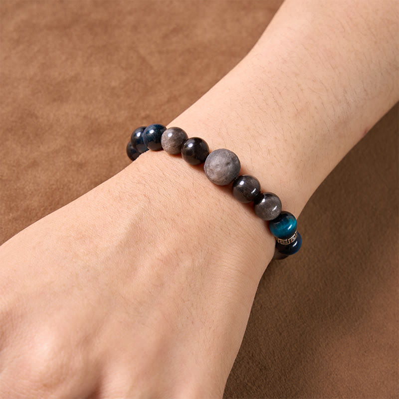 Buddha Stones Pulsera de pareja con brillo plateado y efecto positivo de obsidiana ojo de tigre azul - image 12
