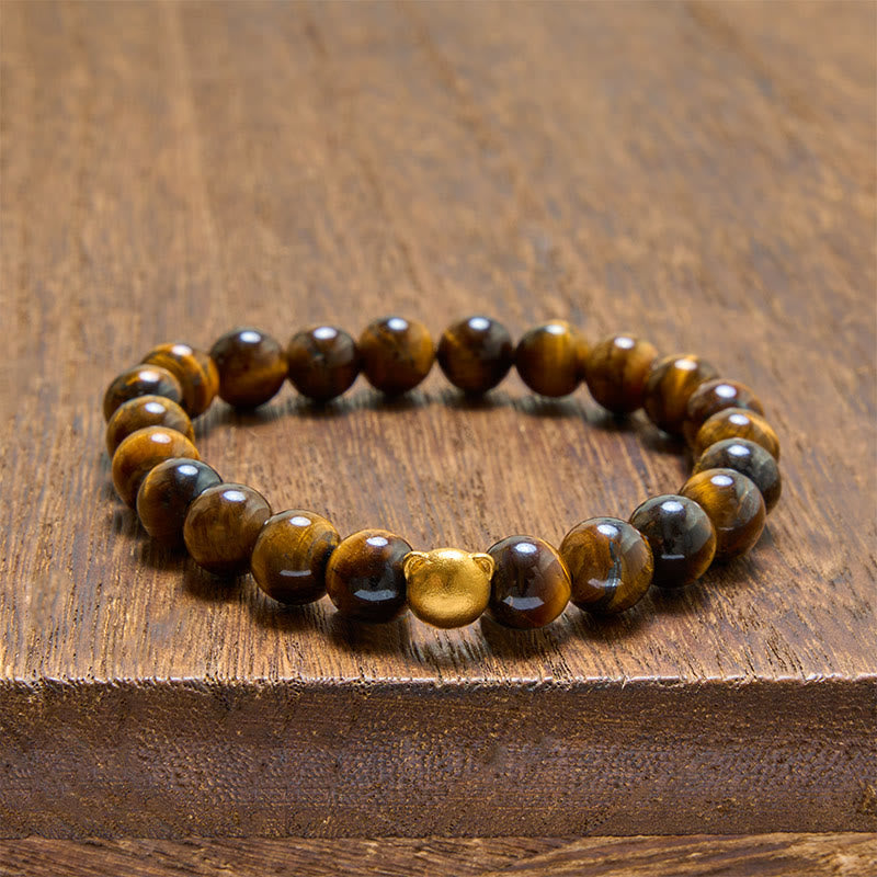 Buddha Stones Pulsera de cobre resistente con cabeza de gato y ojo de tigre - Ojo de Tigre (Protección ♥ Coraje) - image 0