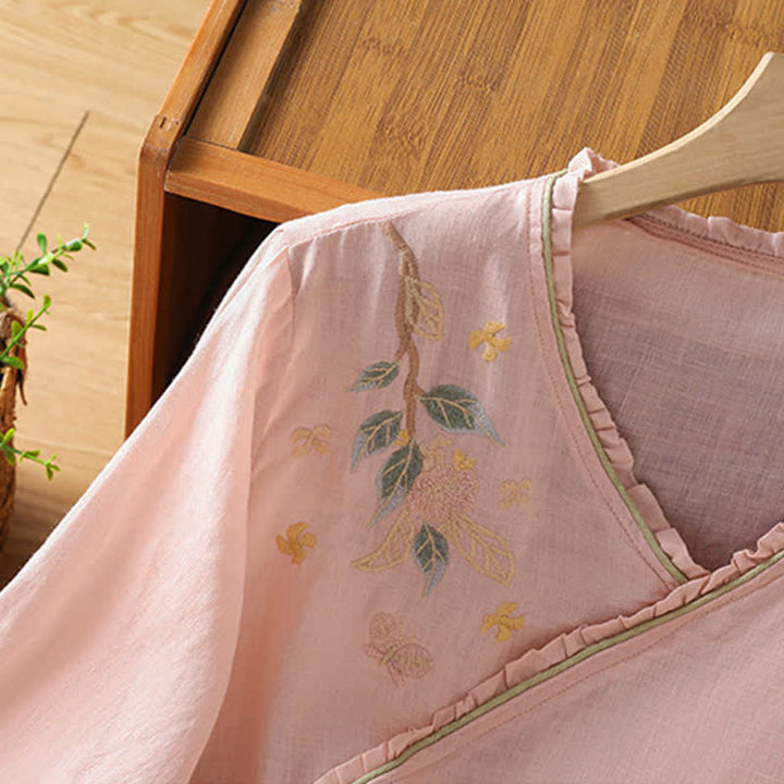 Buddha Stones Camisas de manga tres cuartos para mujer estilo Summer Tang con bordado floral vintage y hojas. - image 8