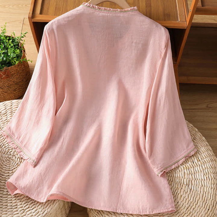 Buddha Stones Camisas de manga tres cuartos para mujer estilo Summer Tang con bordado floral vintage y hojas. - image 5