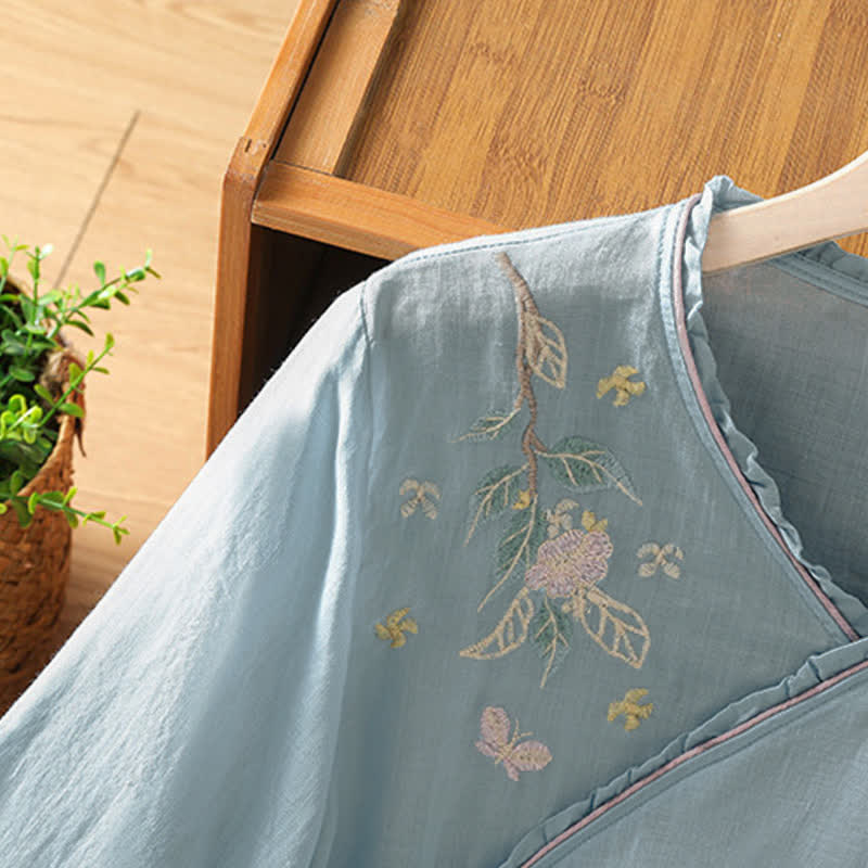 Buddha Stones Camisas de manga tres cuartos para mujer estilo Summer Tang con bordado floral vintage y hojas. - image 22