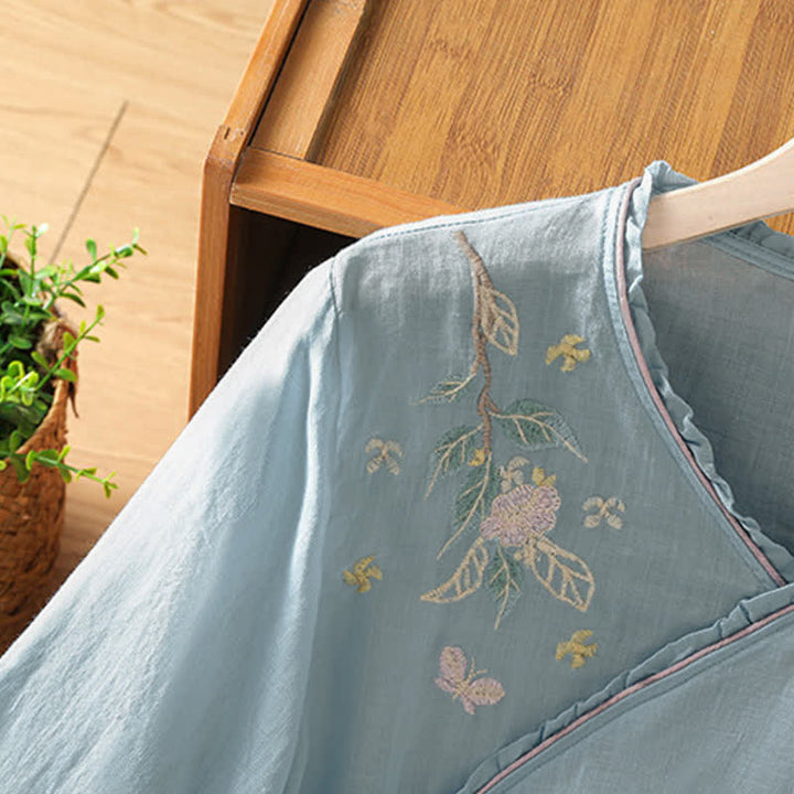 Buddha Stones Camisas de manga tres cuartos para mujer estilo Summer Tang con bordado floral vintage y hojas. - image 22