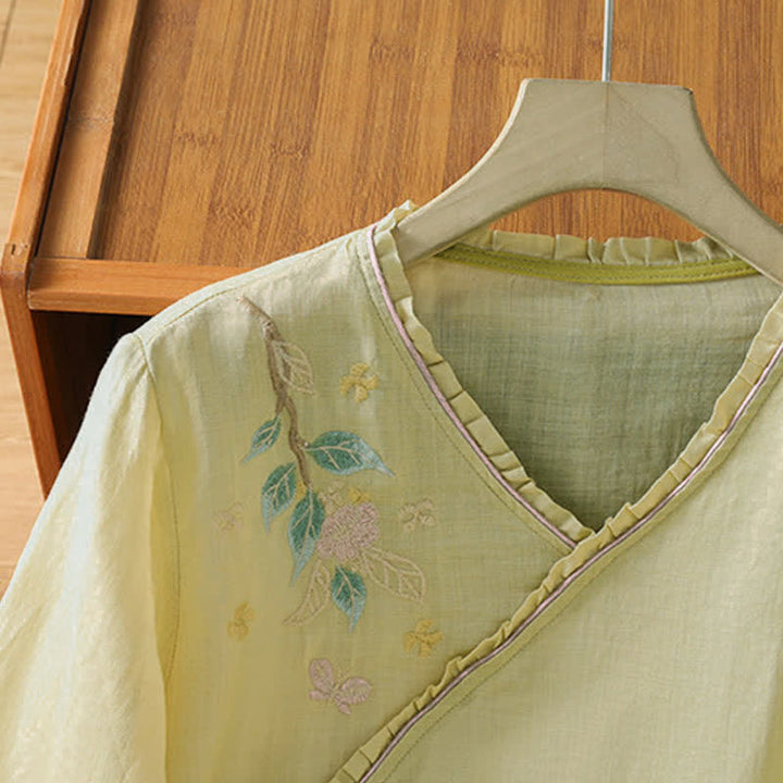 Buddha Stones Camisas de manga tres cuartos para mujer estilo Summer Tang con bordado floral vintage y hojas. - image 14