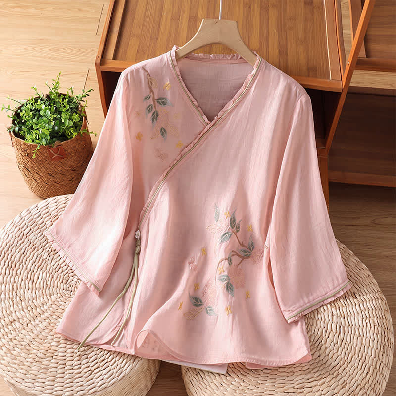 Buddha Stones Camisas de manga tres cuartos para mujer estilo Summer Tang con bordado floral vintage y hojas. - rosa claro - US8-10, UK/AU12-14, EU40-42 (2XL) - image 4