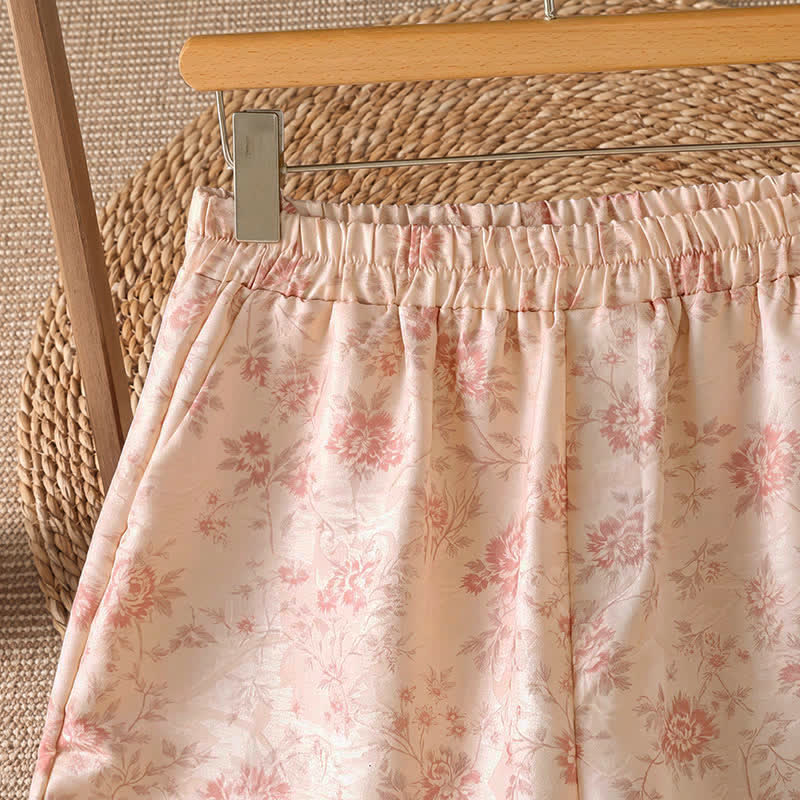 Buddha Stones Pantalones largos informales de estilo bohemio con estampado floral rosa para mujer, de pierna ancha y con bolsillos, ideales para primavera y verano. - image 3