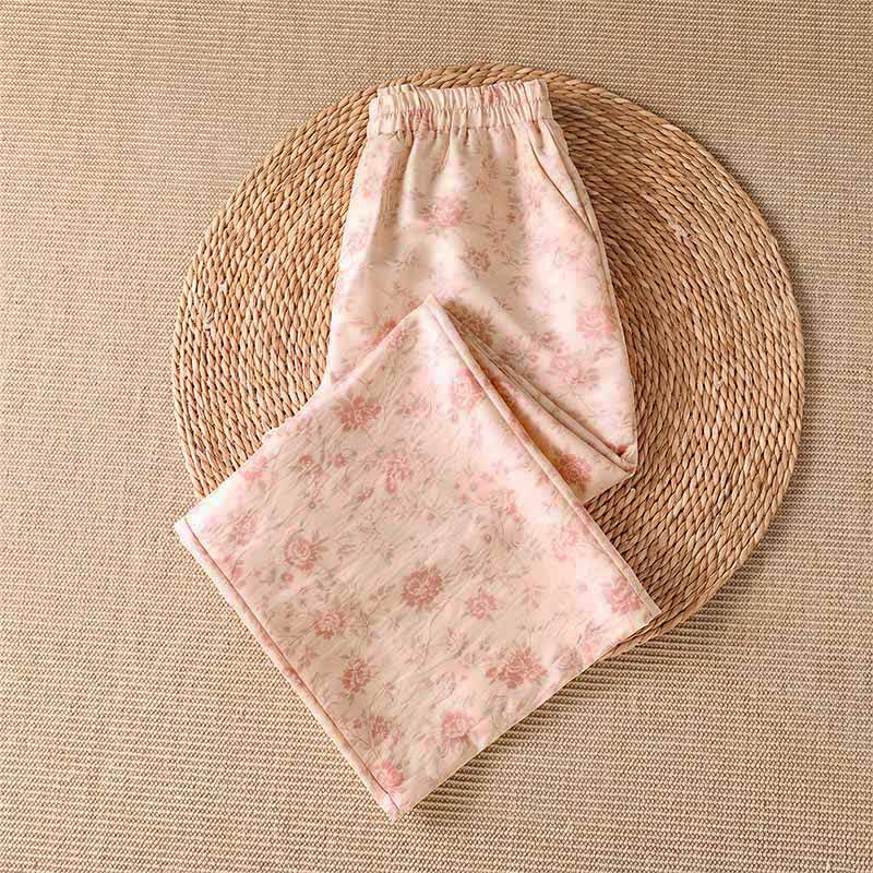 Buddha Stones Pantalones largos informales de estilo bohemio con estampado floral rosa para mujer, de pierna ancha y con bolsillos, ideales para primavera y verano. - image 2