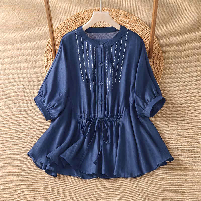 Buddha Stones Camisa de manga corta para mujer, estilo bohemio casual de verano, con botones, cordón ajustable y bajo acampanado. - Azul medianoche - US8-10, UK/AU12-14, EU40-42 (2XL) - image 0