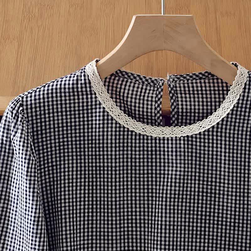 Buddha Stones Camiseta de manga larga para mujer, estilo vintage elegante a cuadros con ribete de encaje, ideal para primavera y otoño. - image 5