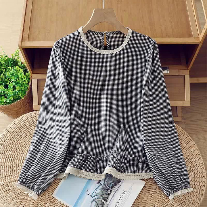 Buddha Stones Camiseta de manga larga para mujer, estilo vintage elegante a cuadros con ribete de encaje, ideal para primavera y otoño. - Azul acero - US8-10, UK/AU12-14, EU40-42 (2XL) - image 0