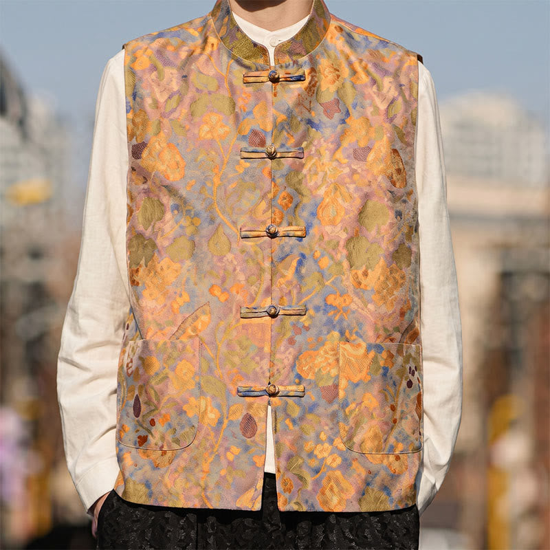 Buddha Stones Chalecos de hombre con cuello mandarín estilo vintage, botones de rana y estampado floral, con bolsillos, ideales para primavera, verano y otoño. - image 2