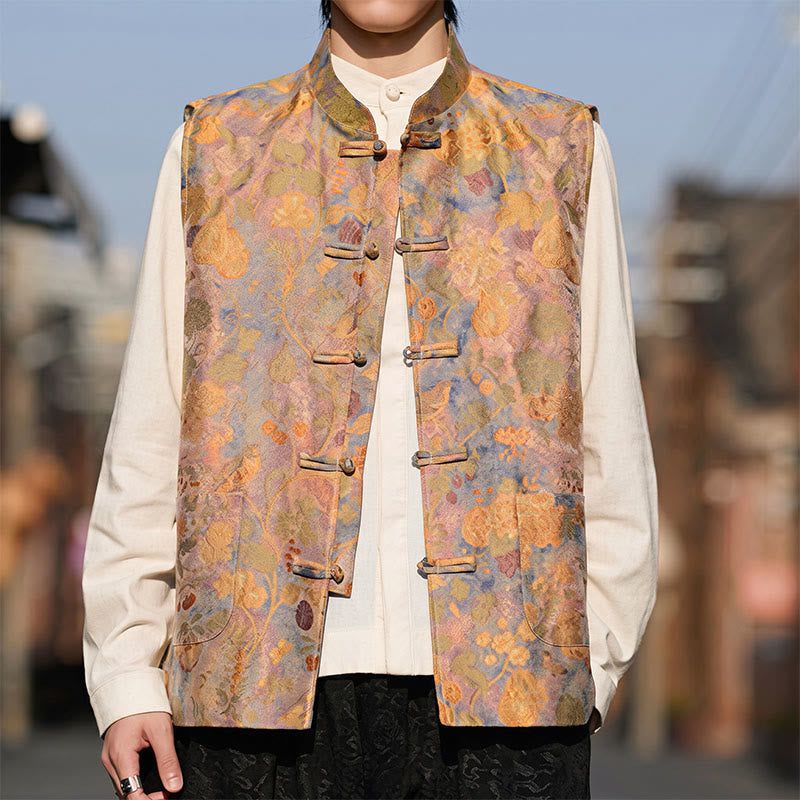 Buddha Stones Chalecos de hombre con cuello mandarín estilo vintage, botones de rana y estampado floral, con bolsillos, ideales para primavera, verano y otoño. - image 7