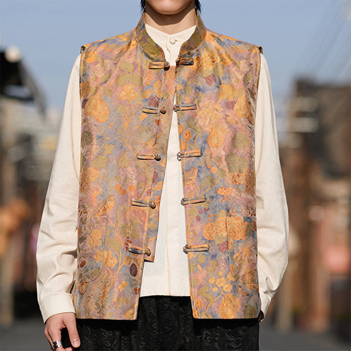 Buddha Stones Chalecos de hombre con cuello mandarín estilo vintage, botones de rana y estampado floral, con bolsillos, ideales para primavera, verano y otoño. - image 7