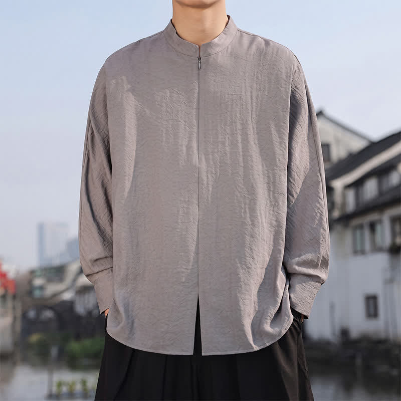 Buddha Stones Camisas de manga larga para hombre, estilo casual minimalista Tang, con cuello mandarín, color liso, para primavera/verano. - image 1