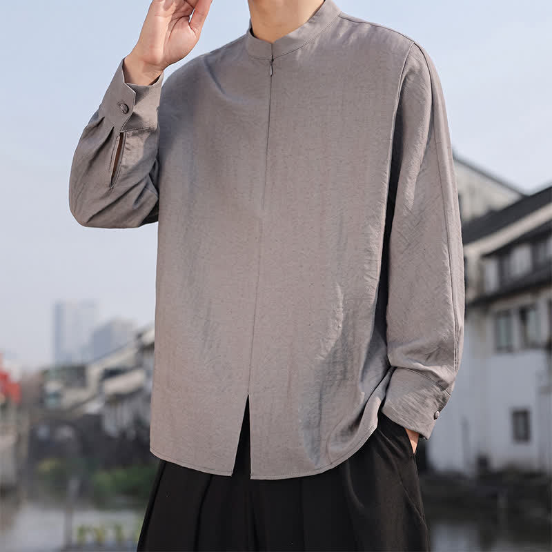 Buddha Stones Camisas de manga larga para hombre, estilo casual minimalista Tang, con cuello mandarín, color liso, para primavera/verano. - Gris oscuro - US/UK/AU46, EU56 (5XL) - image 0