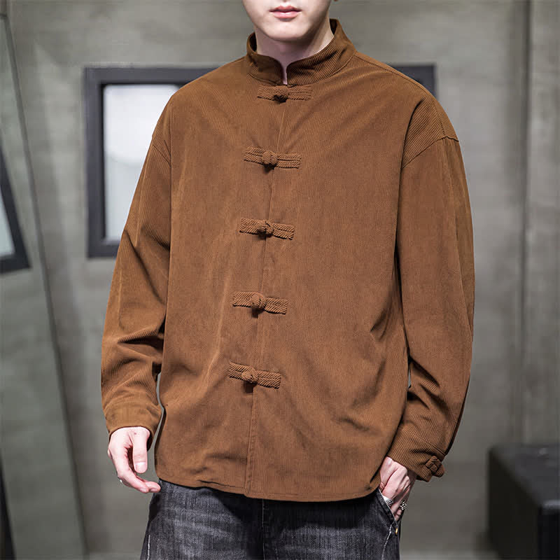Buddha Stones Chaqueta de hombre de algodón liso con botones de rana, estilo casual de otoño/invierno. - image 3