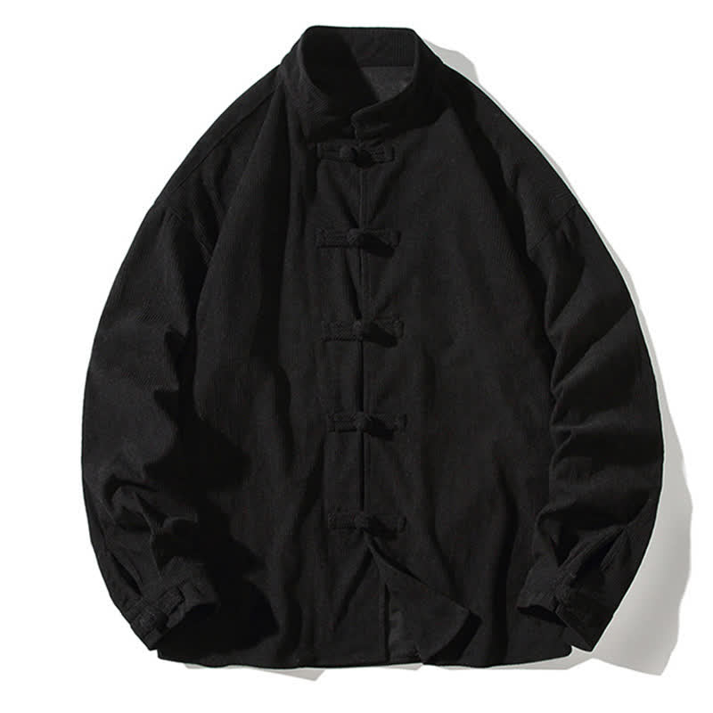 Buddha Stones Chaqueta de hombre de algodón liso con botones de rana, estilo casual de otoño/invierno. - image 23