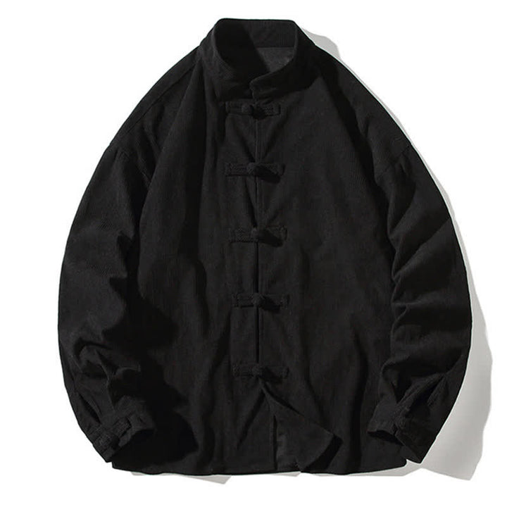 Buddha Stones Chaqueta de hombre de algodón liso con botones de rana, estilo casual de otoño/invierno. - image 24