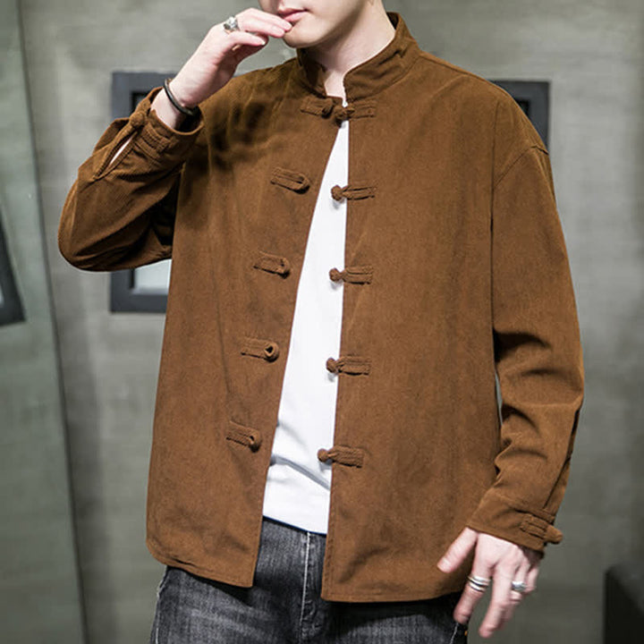 Buddha Stones Chaqueta de hombre de algodón liso con botones de rana, estilo casual de otoño/invierno. - image 6