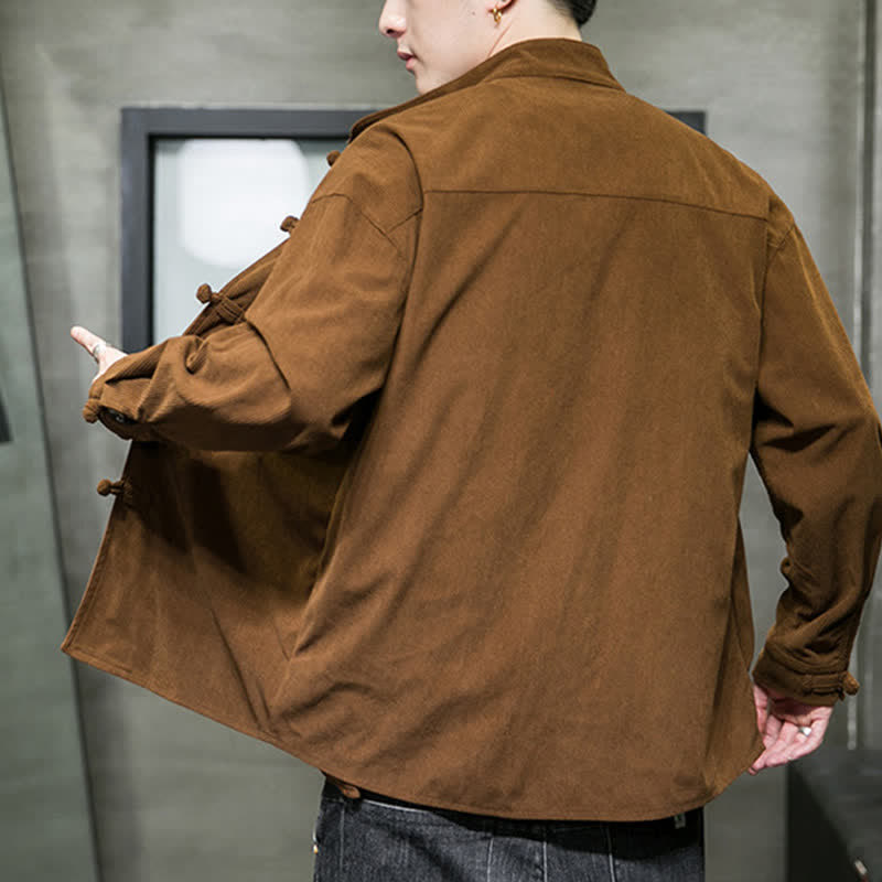 Buddha Stones Chaqueta de hombre de algodón liso con botones de rana, estilo casual de otoño/invierno. - image 4
