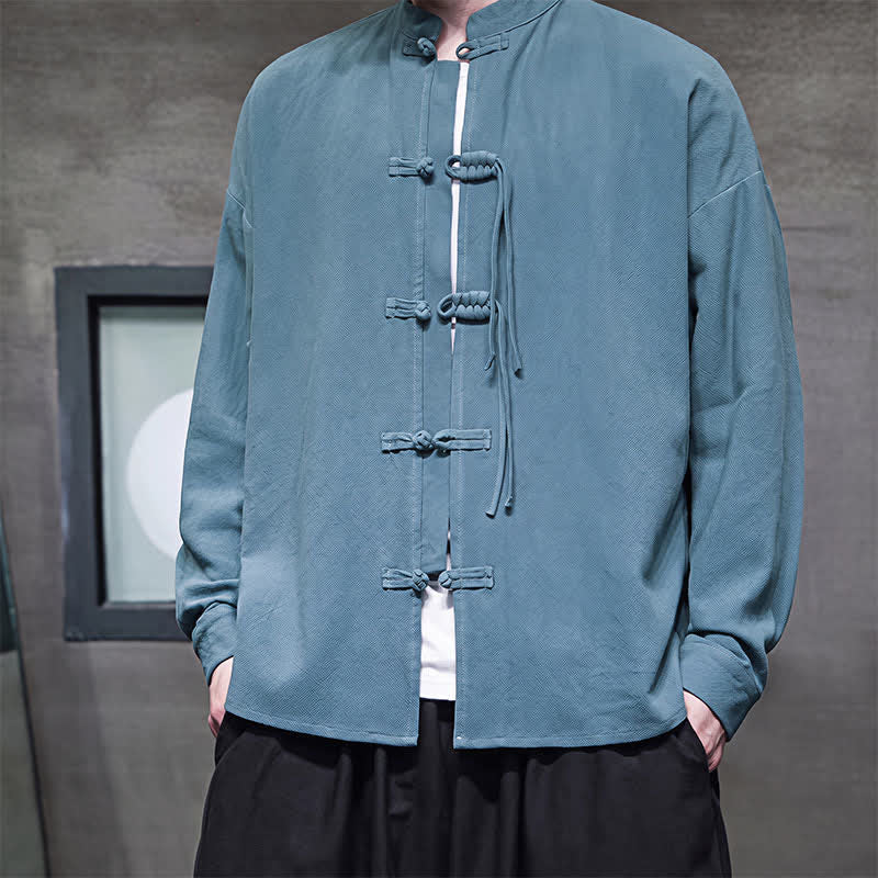 Buddha Stones Chaqueta de hombre de algodón y lino liso estilo Tang vintage con botones de rana, ideal para otoño/invierno. - image 7