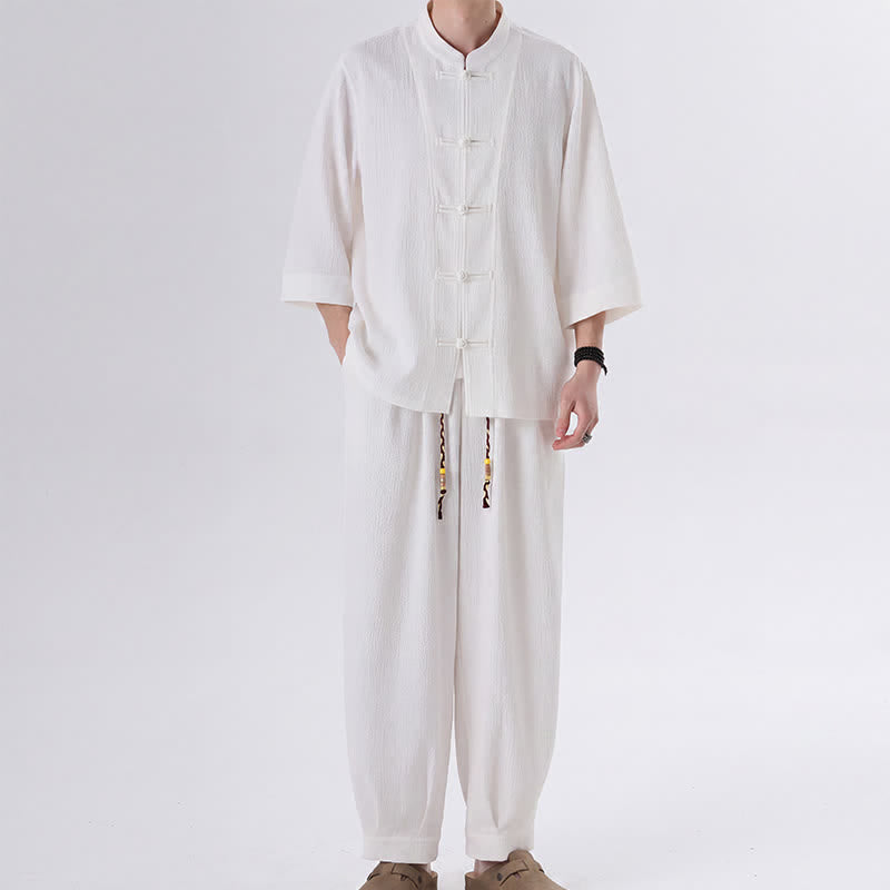Buddha Stones 2 piezas de camisa y pantalón de manga tres cuartos con botones de rana estilo Spring Tang para hombre, ropa de meditación con bolsillo - Blanco - US/UK/AU46, EU56 (5XL) - image 12