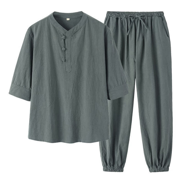 Buddha Stones Conjunto de 2 piezas de camisa y pantalón de algodón de manga hasta el codo con cuello mandarín, estilo Tang, para primavera y verano, ideal para meditación y con bolsillos. - image 4