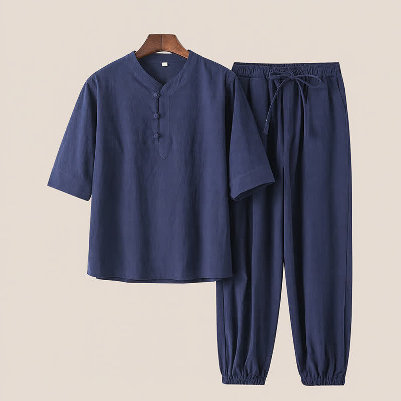 Buddha Stones Conjunto de 2 piezas de camisa y pantalón de algodón de manga hasta el codo con cuello mandarín, estilo Tang, para primavera y verano, ideal para meditación y con bolsillos. - Azul medianoche - US/UK/AU44, EU54 (4XL) - image 16