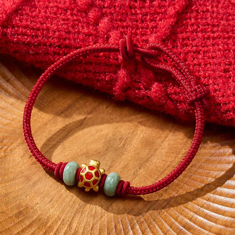 Buddha Stones Pulsera de la prosperidad tejida a mano con hilo rojo de cobre y tortuga - Rojo oscuro - 6,7–7,5 pulgadas/17–19 cm - image 1