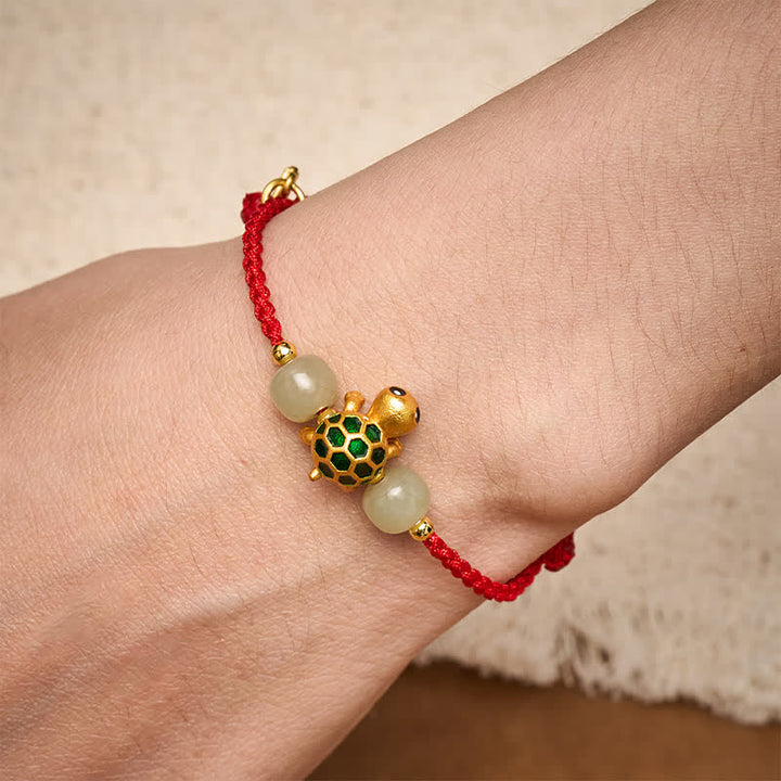 Buddha Stones Pulsera de hilo rojo con forma de tortuga de cobre, jade Hetian y carácter Fu. - image 5