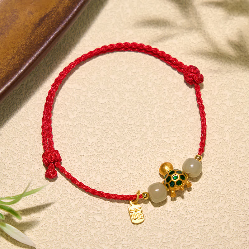 Buddha Stones Pulsera de hilo rojo con forma de tortuga de cobre, jade Hetian y carácter Fu. - image 1