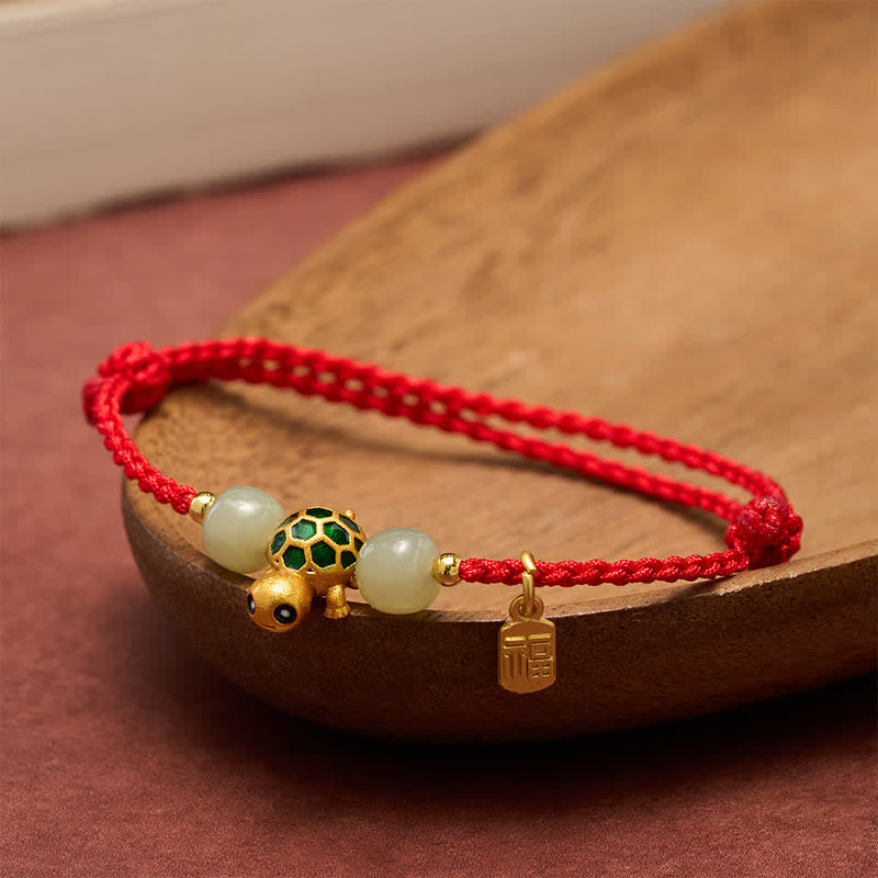 Buddha Stones Pulsera de hilo rojo con forma de tortuga de cobre, jade Hetian y carácter Fu. - image 3
