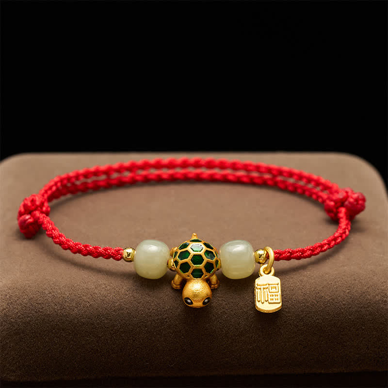 Buddha Stones Pulsera de hilo rojo con forma de tortuga de cobre, jade Hetian y carácter Fu. - image 2