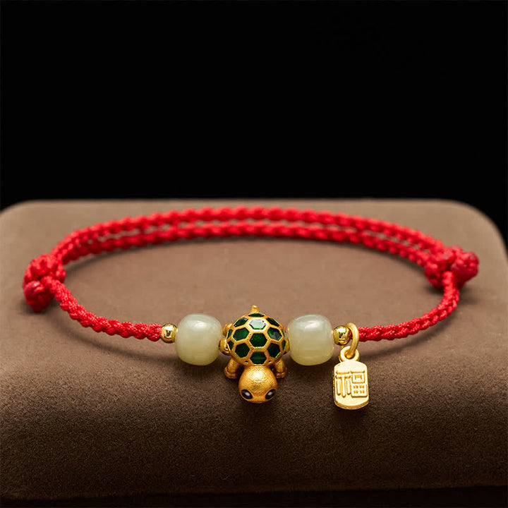 Buddha Stones Pulsera de hilo rojo con forma de tortuga de cobre, jade Hetian y carácter Fu. - image 2