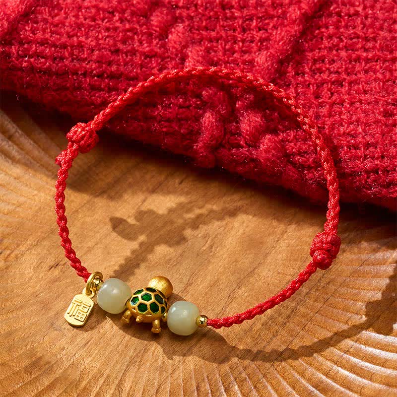 Buddha Stones Pulsera de hilo rojo con forma de tortuga de cobre, jade Hetian y carácter Fu. - image 4