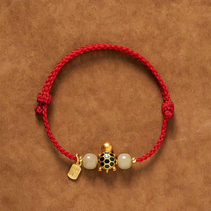Buddha Stones Pulsera de hilo rojo con forma de tortuga de cobre, jade Hetian y carácter Fu. - Rojo (Circunferencia de la muñeca: 5,5–7,1 pulgadas/14–18 cm) - image 0