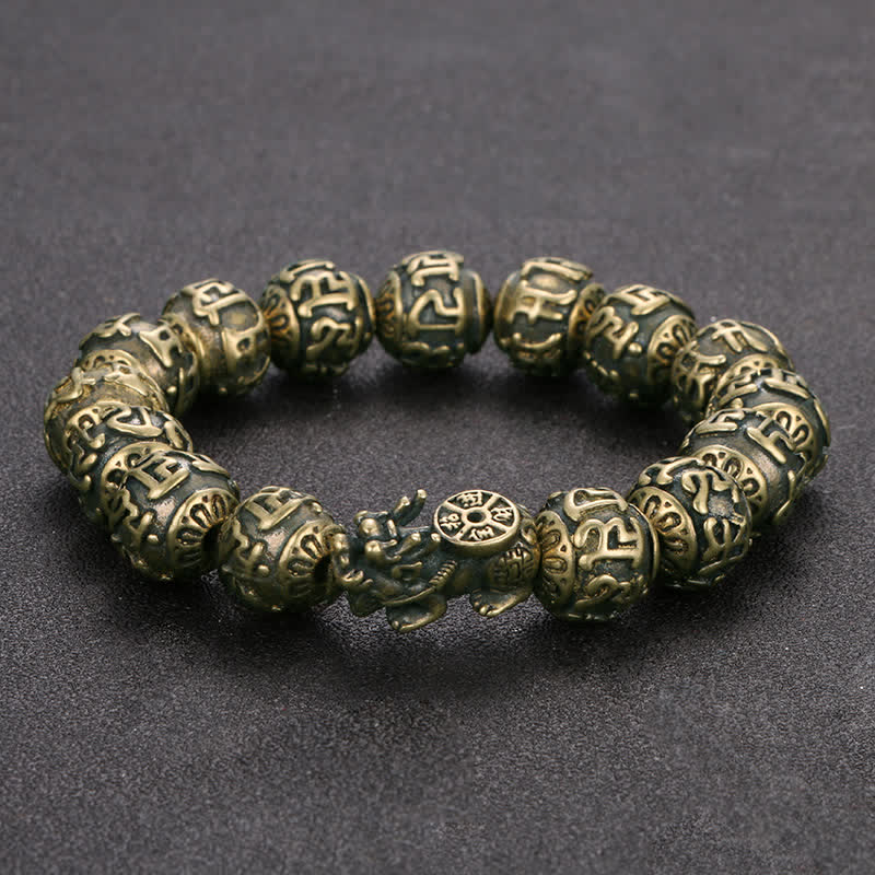 Buddha Stones Pulsera de la riqueza Pi Xiu Om Mani Padme Hum de latón antiguo - Pulsera Pi Xiu de latón (circunferencia de la muñeca: 16,5–18 cm) - image 0