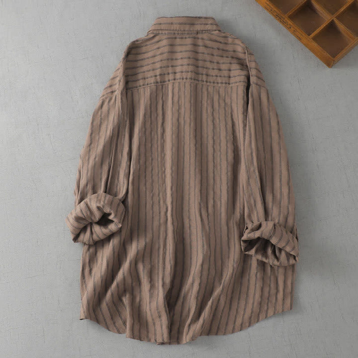 Buddha Stones Camisa de manga larga a rayas con botones, estilo vintage, para mujer, ideal para primavera y otoño. - image 1